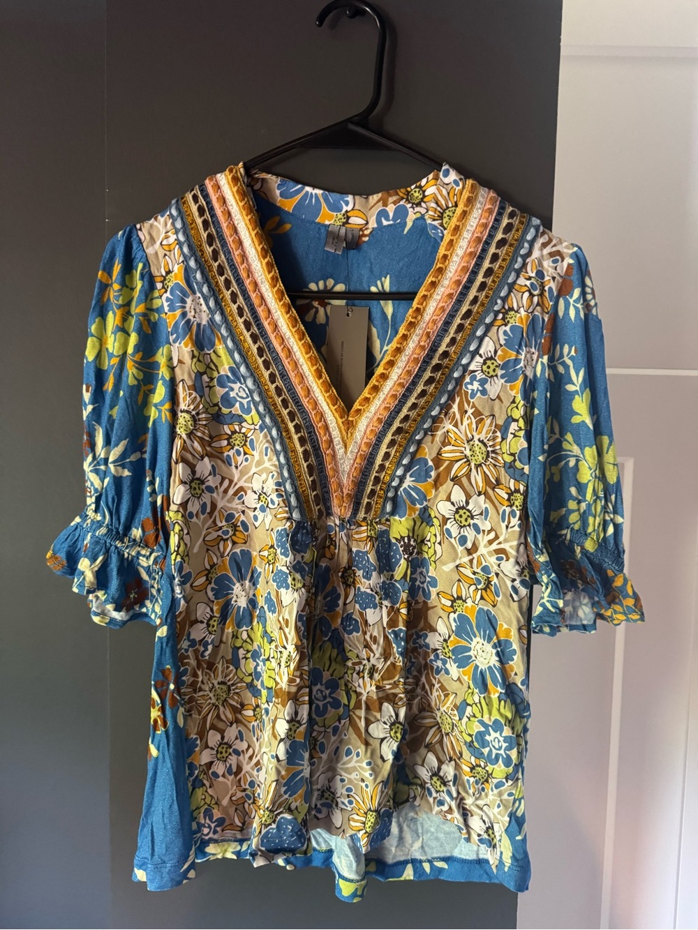 Blank NYC Blue Floral V-Neck Peasant Blouse with Embroidered Trim